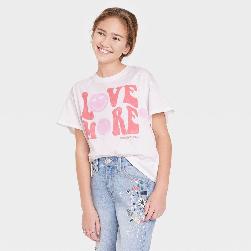 Girls' Oversized SmileyWorld Short Sleeve Graphic T-Shirt - art class White Larg